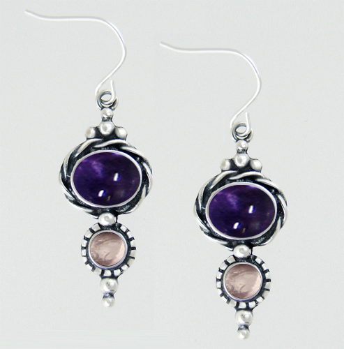 Sterling Silver Drop Dangle Earrings With Iolite And Rose Quartz